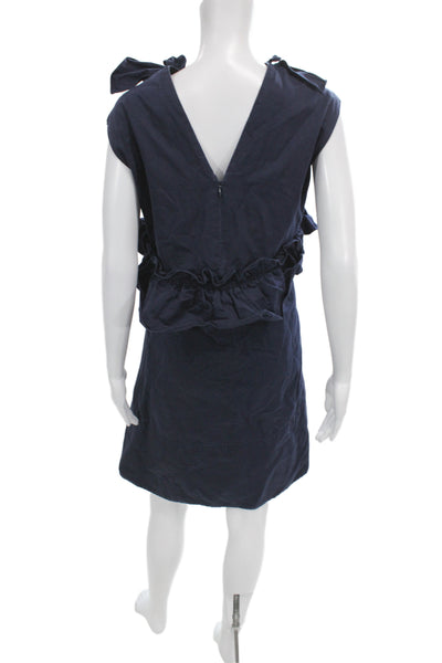 Marni Women Dark Blue Cotton V-Neck Sleeveless Shift Dress Knee Length Size 44