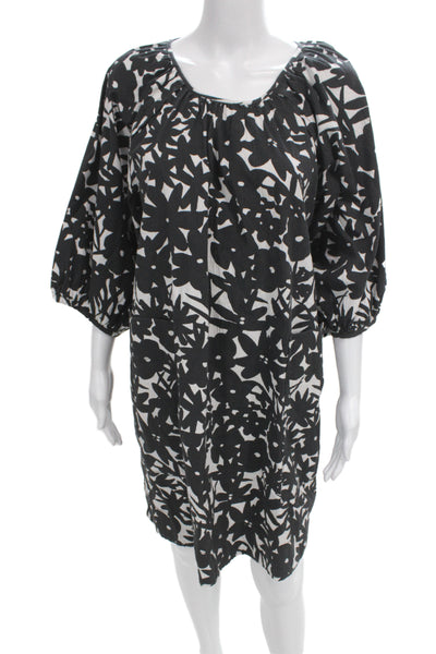 Everlane Women Kaftan Black Floral Cotton Shift Dress 3/4 Sleeve Size L