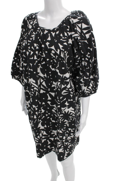 Everlane Women Kaftan Black Floral Cotton Shift Dress 3/4 Sleeve Size L