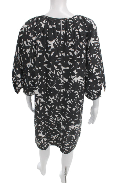 Everlane Women Kaftan Black Floral Cotton Shift Dress 3/4 Sleeve Size L