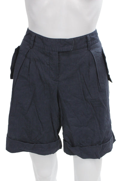 Theory Unisex Bermuda Shorts Dark Blue Linen Blend Button Size 4