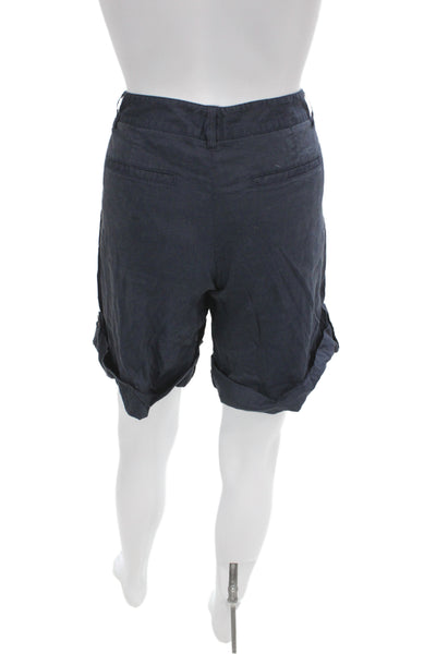 Theory Unisex Bermuda Shorts Dark Blue Linen Blend Button Size 4