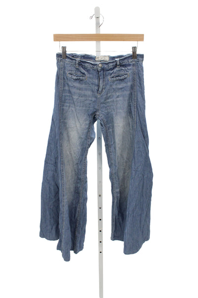 Free People Women Flared Wide Leg Jeans Blue Denim Low Rise Button Size 25