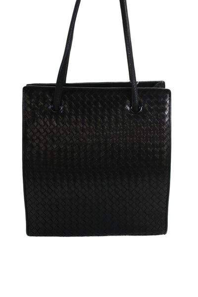 Enzo Angiolini Womens Leather Woven Button Closure Shoulder Handbag Black