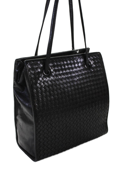 Enzo Angiolini Womens Leather Woven Button Closure Shoulder Handbag Black