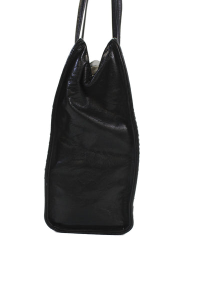 Enzo Angiolini Womens Leather Woven Button Closure Shoulder Handbag Black