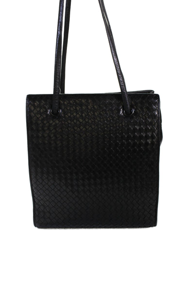 Enzo Angiolini Womens Leather Woven Button Closure Shoulder Handbag Black