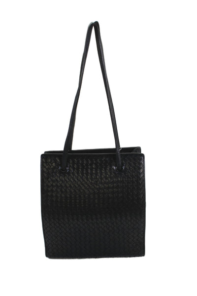Enzo Angiolini Womens Leather Woven Button Closure Shoulder Handbag Black