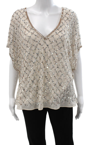 Adrianna Papell Women Beige V-Neck Argyle Blouse Short Sleeve Polyester Size XL