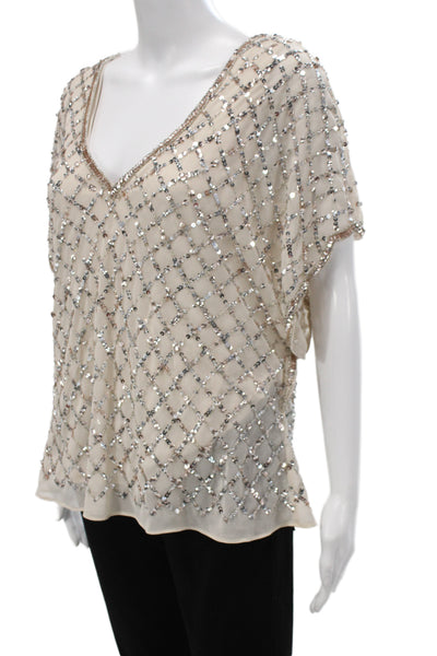 Adrianna Papell Women Beige V-Neck Argyle Blouse Short Sleeve Polyester Size XL