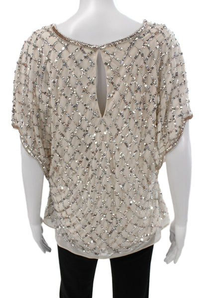 Adrianna Papell Women Beige V-Neck Argyle Blouse Short Sleeve Polyester Size XL