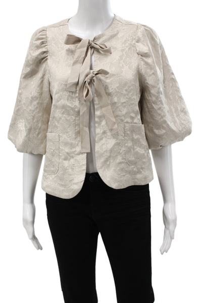 Summum Women Floral Beige Tie Round Neck Jacket 3/4 Sleeve Size 32
