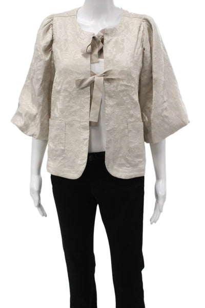 Summum Women Beige Floral Tie Round Neck 3/4 Sleeve Jacket Size 38