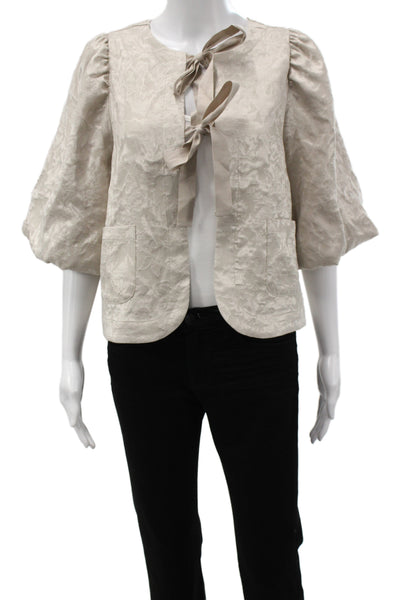 Summum Women Beige Floral Tie Jacket Round Neck 3/4 Sleeve Size 34