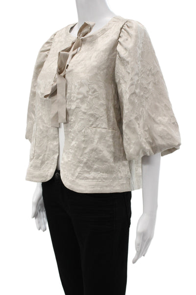 Summum Women Beige Floral Tie Jacket Round Neck 3/4 Sleeve Size 34