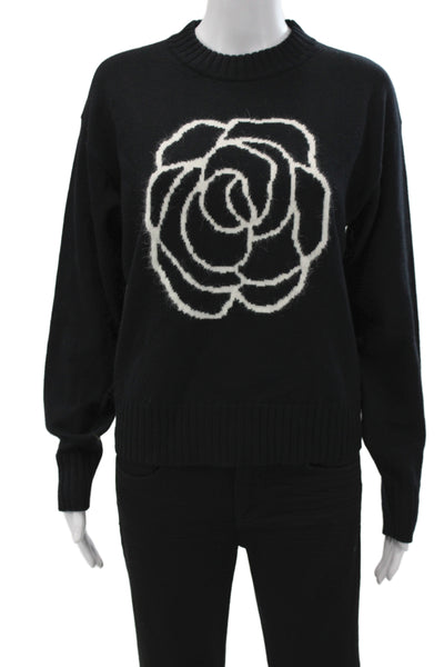 Alashan Cashmere Unisex Pullover Floral Crew Neck Black Wool Angora Size L