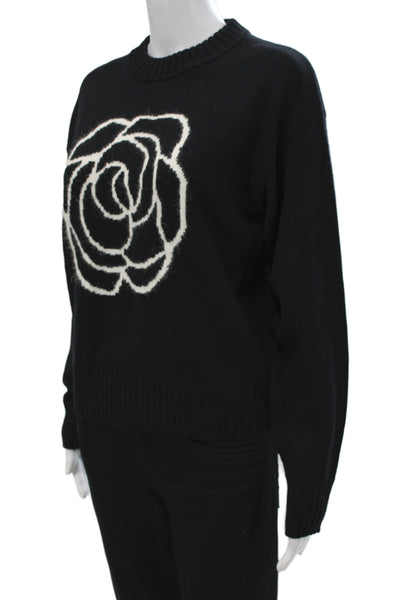 Alashan Cashmere Unisex Pullover Floral Crew Neck Black Wool Angora Size L