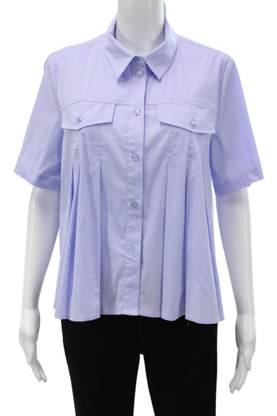 Renuar Women Light Blue Collared Button Up Blouse Short Sleeve Size M