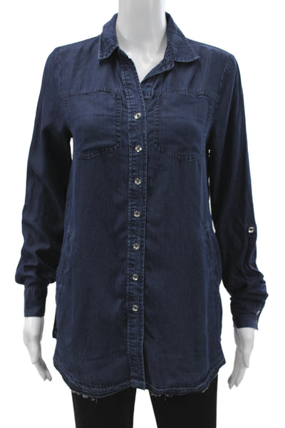 Renuar Womens Dark Blue Collared Tunic Button Up Long Sleeve Petite Size XS