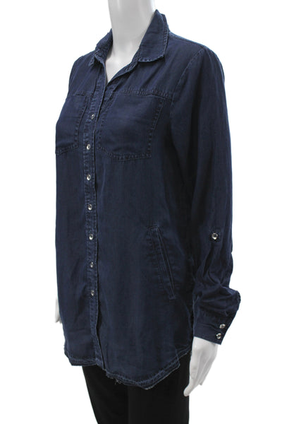 Renuar Womens Dark Blue Collared Tunic Button Up Long Sleeve Petite Size XS