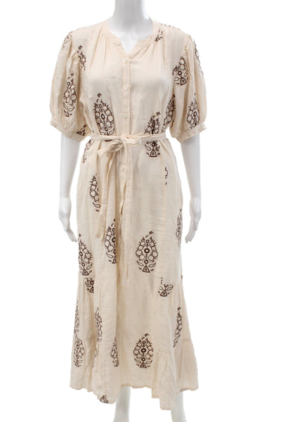 Hannah Womens Maxi Shirt Dress Beige Button Round Neck Linen Bohemian Size 2
