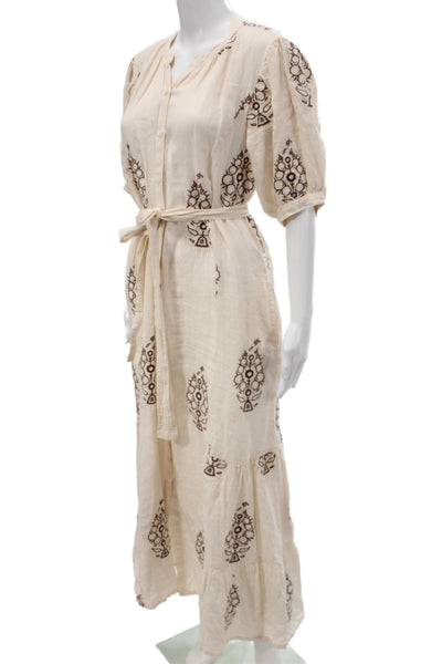 Hannah Womens Maxi Shirt Dress Beige Button Round Neck Linen Bohemian Size 2