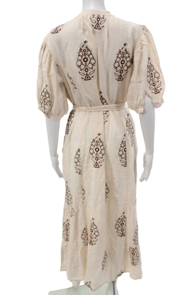 Hannah Womens Maxi Shirt Dress Beige Button Round Neck Linen Bohemian Size 2