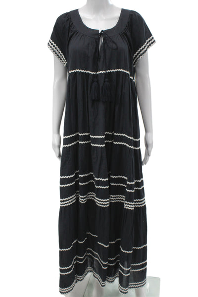 Gallabia Women Kaftan Maxi Dress Black Striped 100% Cotton Short Sleeve Size L
