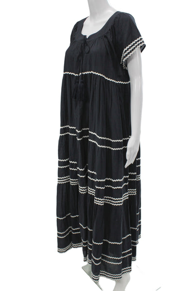 Gallabia Women Kaftan Maxi Dress Black Striped 100% Cotton Short Sleeve Size L