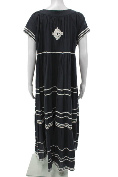 Gallabia Women Kaftan Maxi Dress Black Striped 100% Cotton Short Sleeve Size L