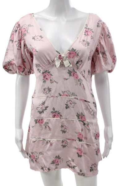 Love Shack Fancy Womens Pink Silk Floral Mini Sundress Lace Up Size XS