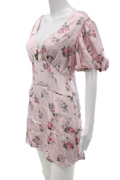 Love Shack Fancy Womens Pink Silk Floral Mini Sundress Lace Up Size XS