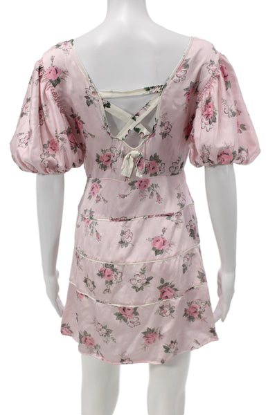Love Shack Fancy Womens Pink Silk Floral Mini Sundress Lace Up Size XS