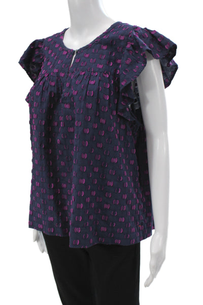Xirena Women Silk Polka Dot Short Sleeve Blouse Dark Blue Size M
