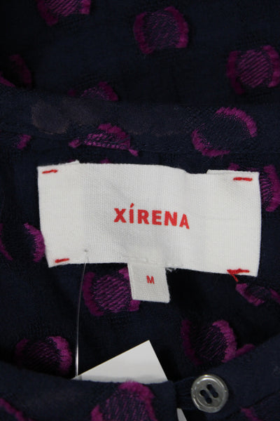 Xirena Women Silk Polka Dot Short Sleeve Blouse Dark Blue Size M