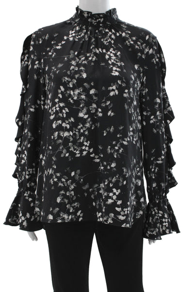 Charlotte Brody Womens Black Silk High Neck Long Sleeve Floral Blouse Size L