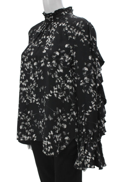 Charlotte Brody Womens Black Silk High Neck Long Sleeve Floral Blouse Size L