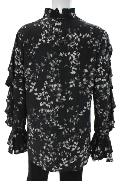 Charlotte Brody Womens Black Silk High Neck Long Sleeve Floral Blouse Size L