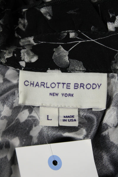 Charlotte Brody Womens Black Silk High Neck Long Sleeve Floral Blouse Size L