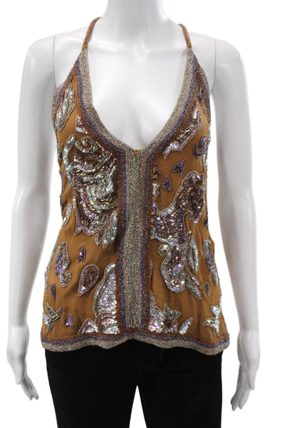 Free People Womens Boho Paisley V Neck Sleeveless Camisole Brown Viscose Size M