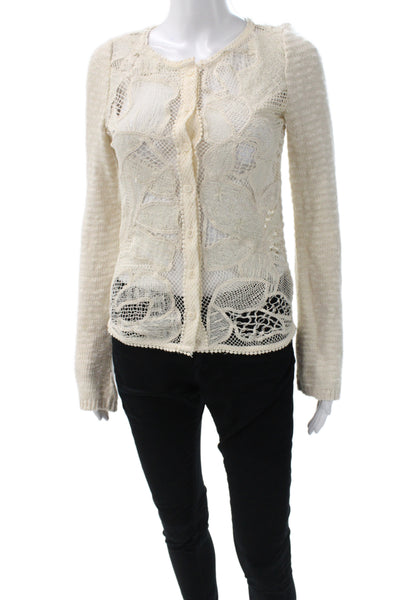 Zara Women Cardigan Beige Floral Lace Knit Crew Neck Long Sleeve Button Size S