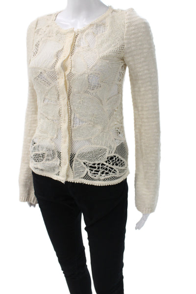 Zara Women Cardigan Beige Floral Lace Knit Crew Neck Long Sleeve Button Size S
