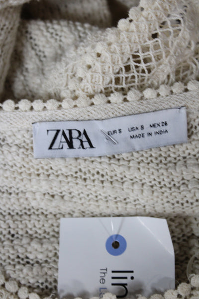 Zara Women Cardigan Beige Floral Lace Knit Crew Neck Long Sleeve Button Size S