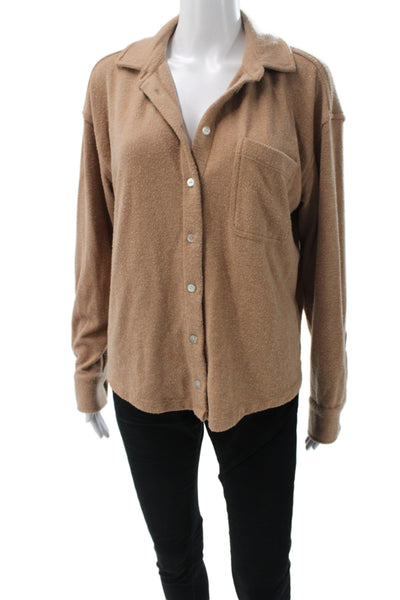 Donni Women Basic Button-Up Fleece Polyester Collared Long Sleeve Brown Size S