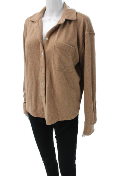 Donni Women Basic Button-Up Fleece Polyester Collared Long Sleeve Brown Size S