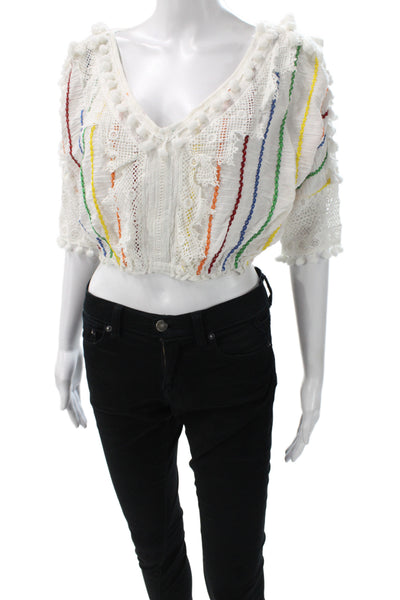 Place Nationale Women Cropped Striped V-Neck 3/4 Sleeve Cotton Blouse Size 1