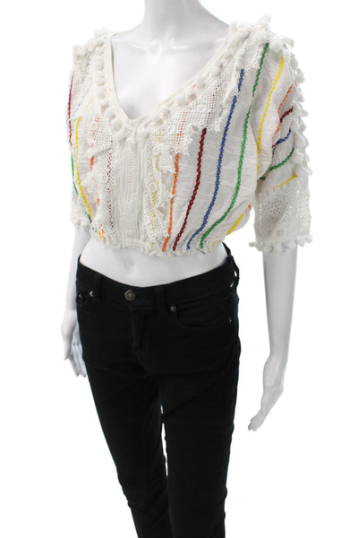 Place Nationale Women Cropped Striped V-Neck 3/4 Sleeve Cotton Blouse Size 1