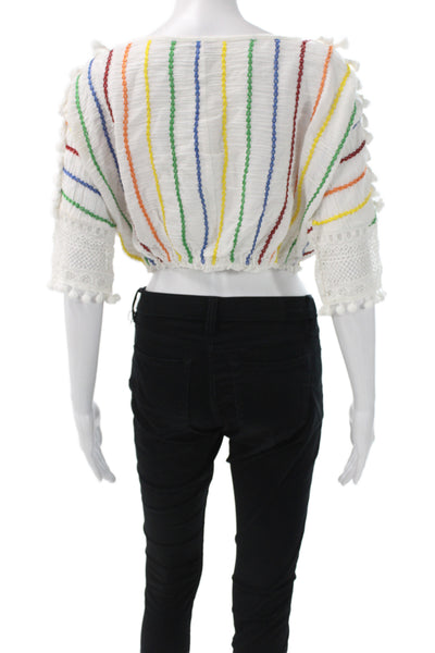 Place Nationale Women Cropped Striped V-Neck 3/4 Sleeve Cotton Blouse Size 1