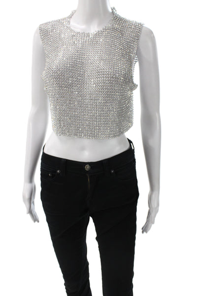 12th Tribe Womens Cropped Tank Top Gray Rhinestone Aluminium Crew Neck Size S