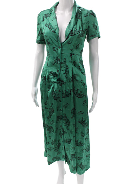 HVN Womens Silk Maxi Shirt Dress Animal Print Short Sleeve Green Size 0
